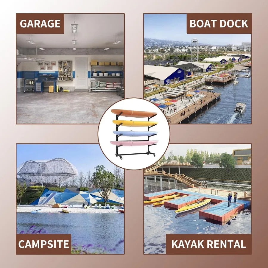 Heavy Duty Kayak Storage Rack with Wheels and Adjustable Feet Garage Outdoor Kayak Stand Holder for Kayaks Canoes Surfboard and