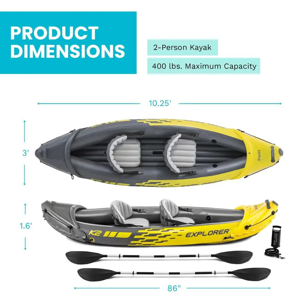 68307EP Explorer K2 Inflatable Kayak Set Deluxe 86in Kayak Paddles and HighOutput Pump Adjustable Seats with Backrest Removable