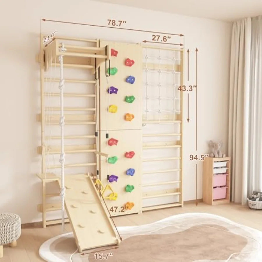 9-in-1 Swedish Ladder Wall Gym and Climber, 94.5'' Wooden Wall-Mounted Climbing Set with Double-Sided Slide, Swing, Rope, Rings