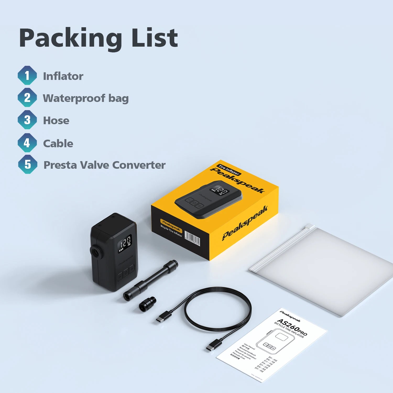 [2026 NEW] Peakspeak AS260PRO Electric Mini Bike Pump 600mAh Battery 120PSI Max Bike Cordless Tire Inflator with LED Display