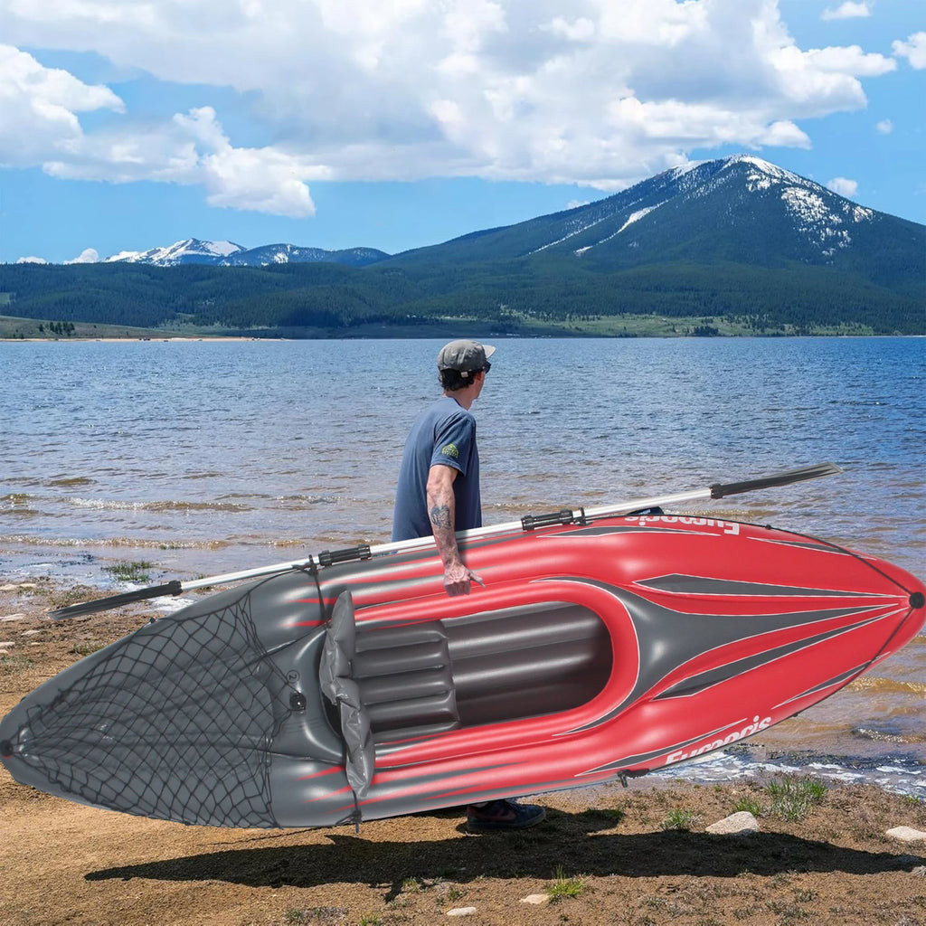 Inflatable Kayak Fishing Boat 1 Person Adult Red Canoe, with Paddles, Bag, Seats, High-Output Pump, Fin, for Lakes & Rivers