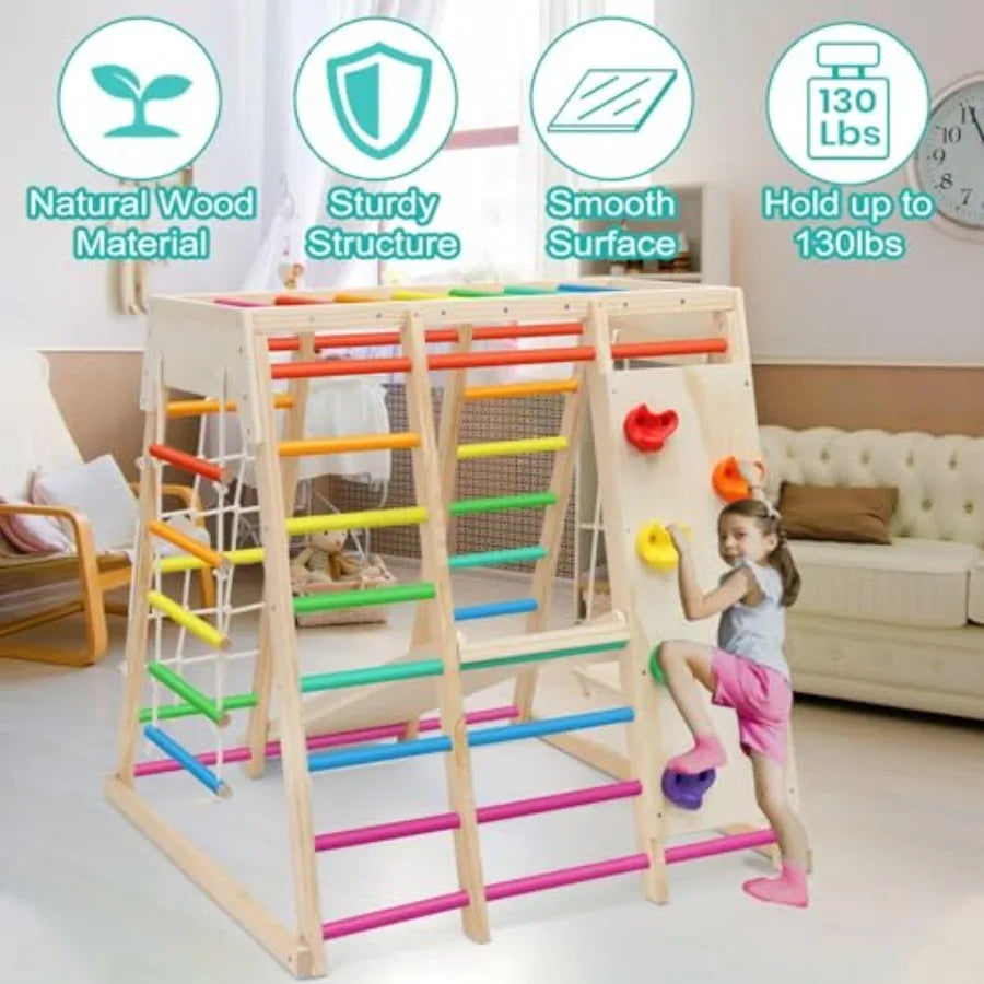 7 in 1 Pikler Indoor Playground Jungle Gym Playset, Wooden Montessori Climber with Slide, Rock Climb Wall, Monkey Bars, Rope La