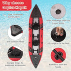 Tandem Inflatable Kayak, 12.5FT 2Person Kayak for Adults w 507 LBS Weight Capacity, 2 Aluminium Oars, Padded Seat, 2 Fins, Hand