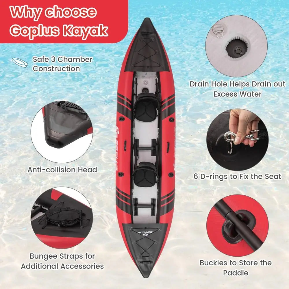 Tandem Inflatable Kayak, 12.5FT 2Person Kayak for Adults w 507 LBS Weight Capacity, 2 Aluminium Oars, Padded Seat, 2 Fins, Hand