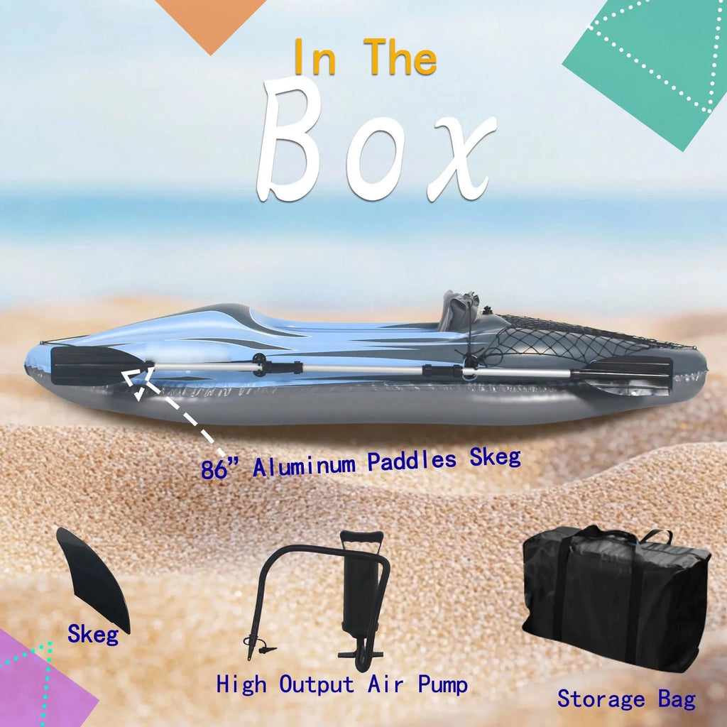 Inflatable Kayak Fishing Boat 1 Person Adult Blue Canoe, with Paddles, Bag, Seats, High-Output Pump, Fin, for Lakes & Rivers