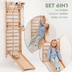 6-in-1 ground for Wooden, Climbing Ladder, Slide, Swing, Gymnastics Rings, Rock Climbing Wall Jungle Gym Play Set for Ages 2-12