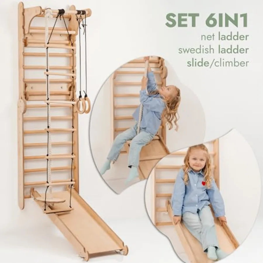6-in-1 ground for Wooden, Climbing Ladder, Slide, Swing, Gymnastics Rings, Rock Climbing Wall Jungle Gym Play Set for Ages 2-12