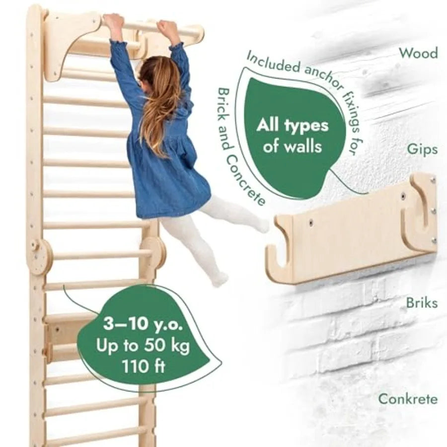 6-in-1 ground for Wooden, Climbing Ladder, Slide, Swing, Gymnastics Rings, Rock Climbing Wall Jungle Gym Play Set for Ages 2-12