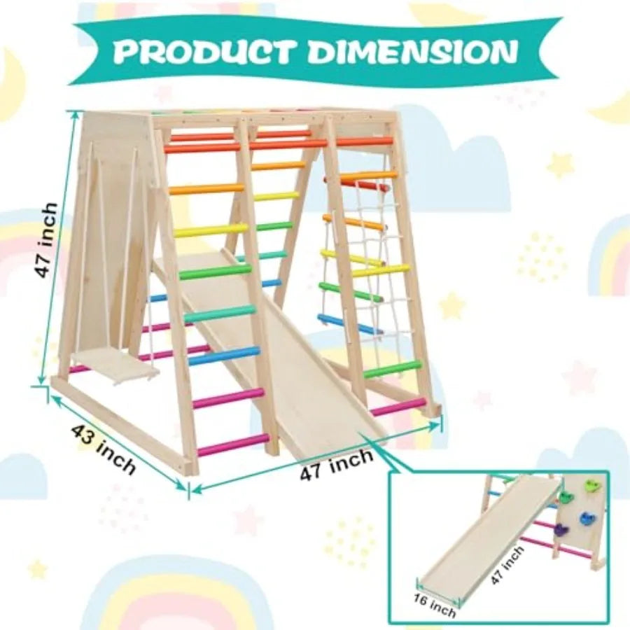 7 in 1 Pikler Indoor Playground Jungle Gym Playset, Wooden Montessori Climber with Slide, Rock Climb Wall, Monkey Bars, Rope La