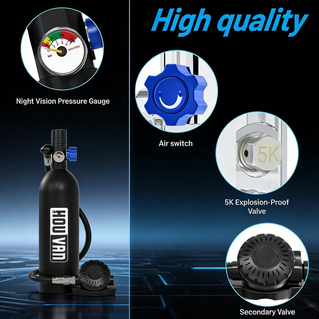 HOUVAN 1L Scuba tank for approximately 75 breaths underwater,compact and portable,suitable for outdoor travel,Unisex,gift choice