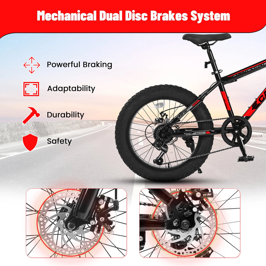 20 Inch Fat Tire Kids Mountain Bike, 4.0" Wide Non-Slip Fat Tires, 7-Speed Disc Brake, Boys Girls Outdoor Kids' Bicycles Gift