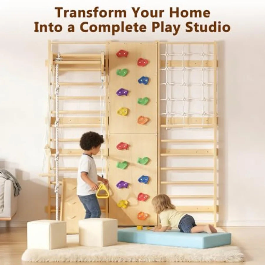 9-in-1 Swedish Ladder Wall Gym and Climber, 94.5'' Wooden Wall-Mounted Climbing Set with Double-Sided Slide, Swing, Rope, Rings