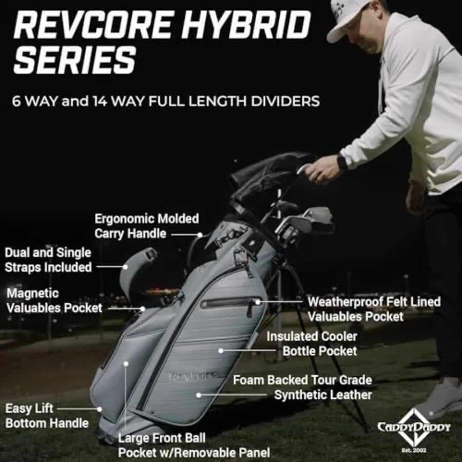 Upgraded Hybrid Luxury Golf Stand Bag, Tour Grade Synthetic Leather w/ScratchGuard, 14 Way Dividers, 2 Cooler Pockets