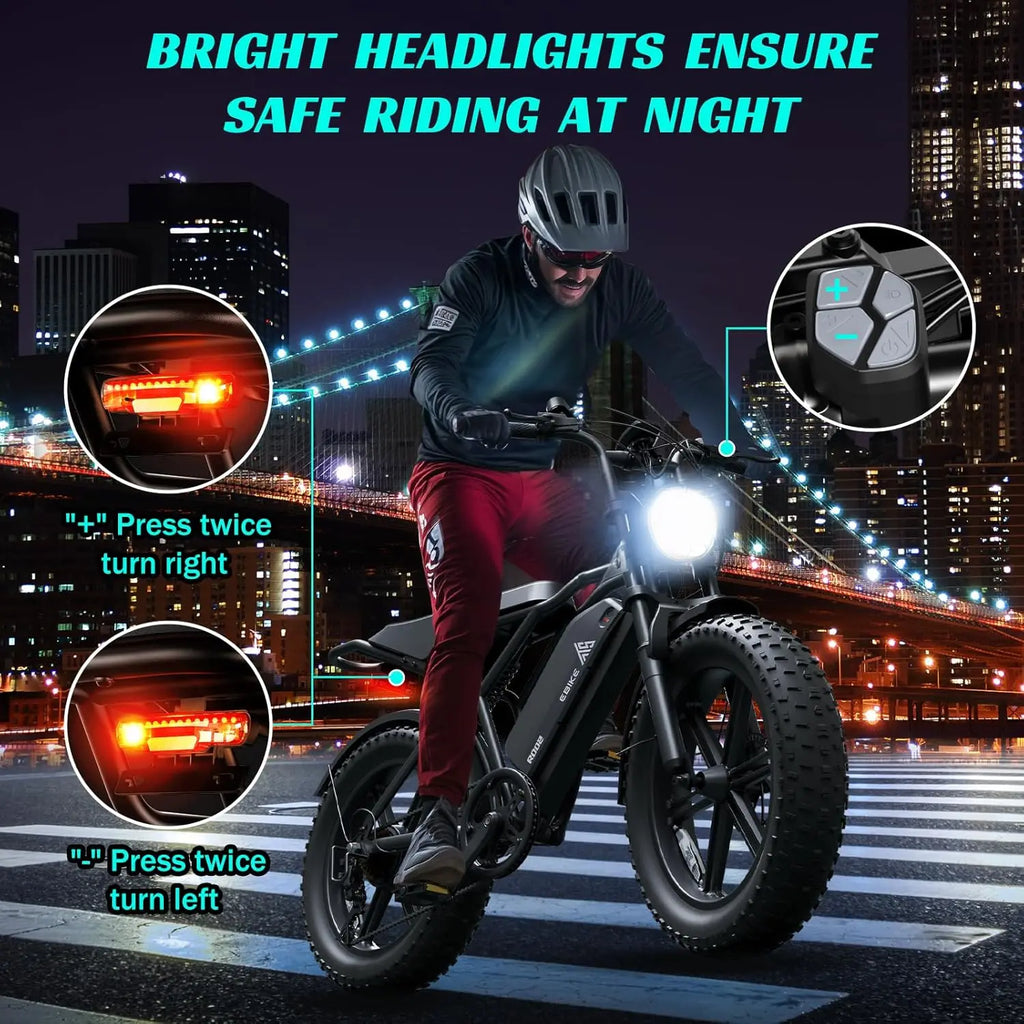 TST R002S 1500W e-bike, 20" fat tires, 60-mile range, 28MPH, 48V 15Ah battery, for all terrains.