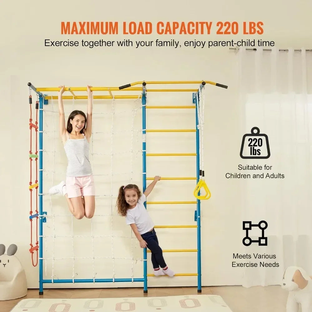 Indoor Jungle Gym for Toddlers, 7-in-1 Climbing Playset with Carbon Steel Swedish Ladder, Wall Ladder, Pull-Up Bar, Rope Ladder