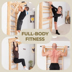 Swedish Ladder Wall Bars with Pull-Up Bar, Dip Station and Accessories for and Adults Wooden Stall Bars Home Gym with Gymnastic