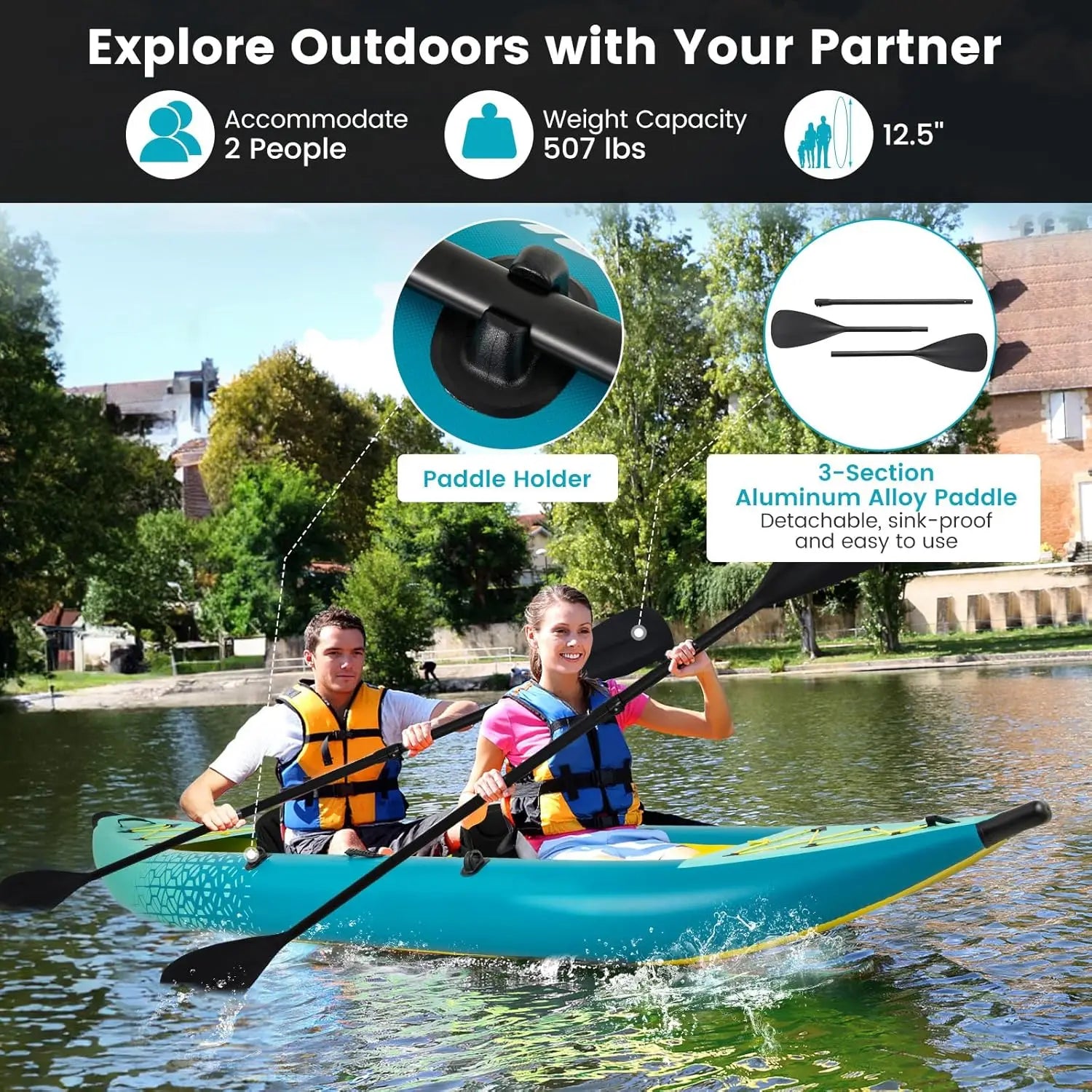 Inflatable Kayak, 12.5ft Fishing Kayak with 507 lbs Capacity, Triple Chamber Safety Kayak with Drop Stitch Floor & EVA, Custom