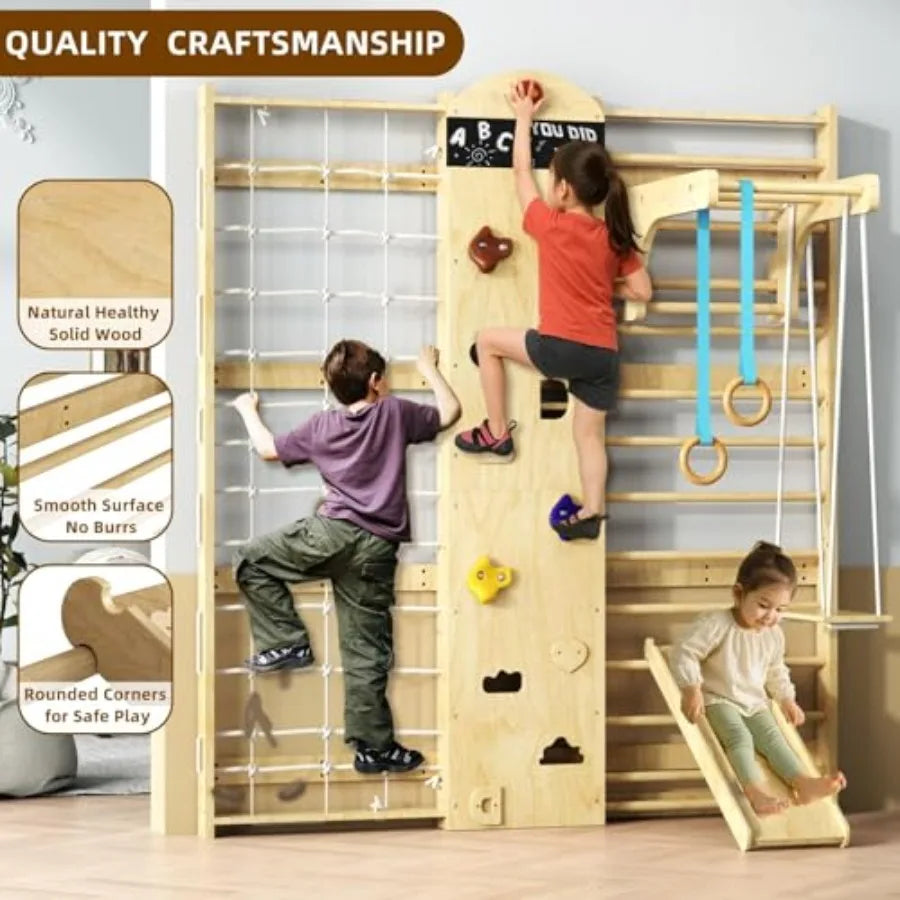Indoor Climbing Wall, 10-in-1 Swedish Ladder, Indoor Playground for and Adults, Rock Climbing Wall, Wooden Swing Sets, Gymnasti
