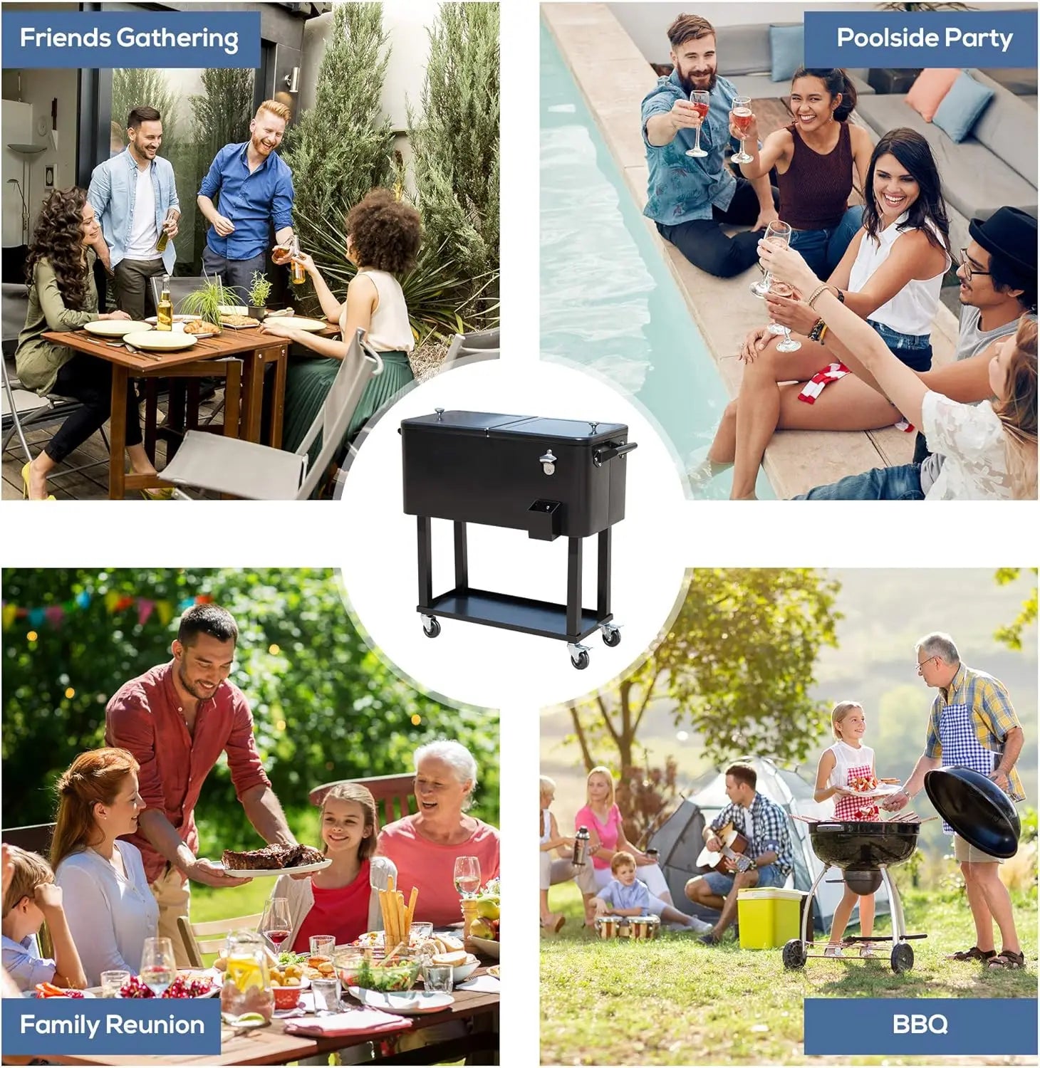 80 QT Rolling Cooling Bins Ice Chest on Wheels Outdoor Stand Up Drink Cooler Cart for Party, Black
