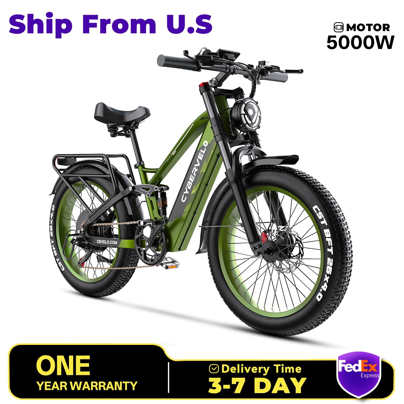 Cybervelo EK9 26"x4.0" 5000w Peak motor, up to 120 Miles Range, 52V 40Ah Battery E-Bike, Luxury Adult Fat Tire Electric Bicycles
