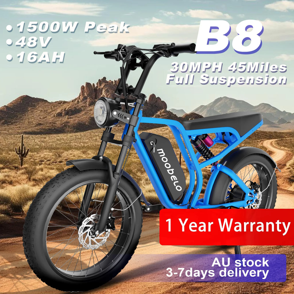 Moobelo B8 All-Weather Winter E-Bike 1500W Peak 30MPH High-Speed Full Suspension Commuter/Off-Road Snow Ebike 1-Year Warranty