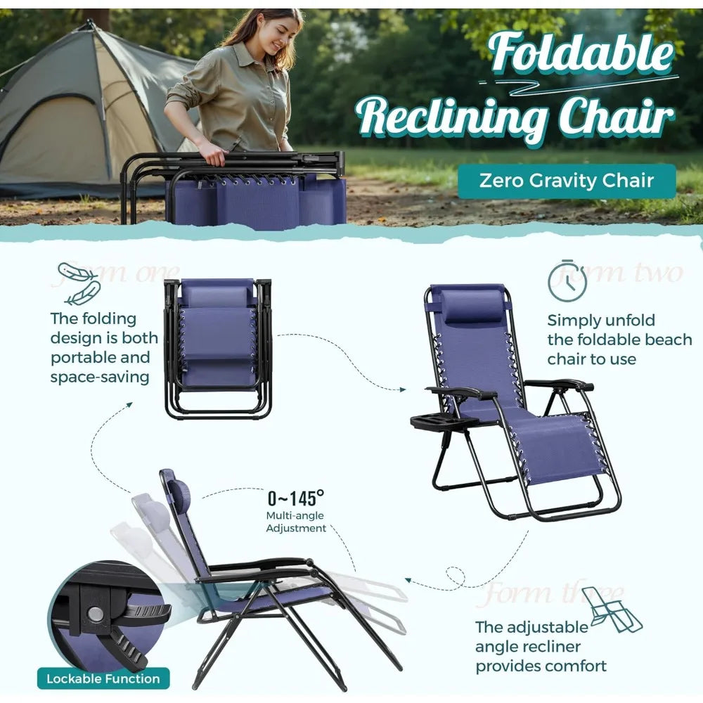 Zero Gravity Chair Patio Folding Lawn Outdoor Lounge Gravity Camp Reclining Lounge Chair with Cup Holder Pillows for Poolside