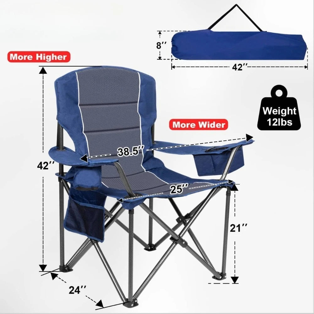 Oversized Camping Chairs,Heavy Duty Support 500 LBS,Padded Back & Arm Sport Chairs, Cup Holder Cooler Bag