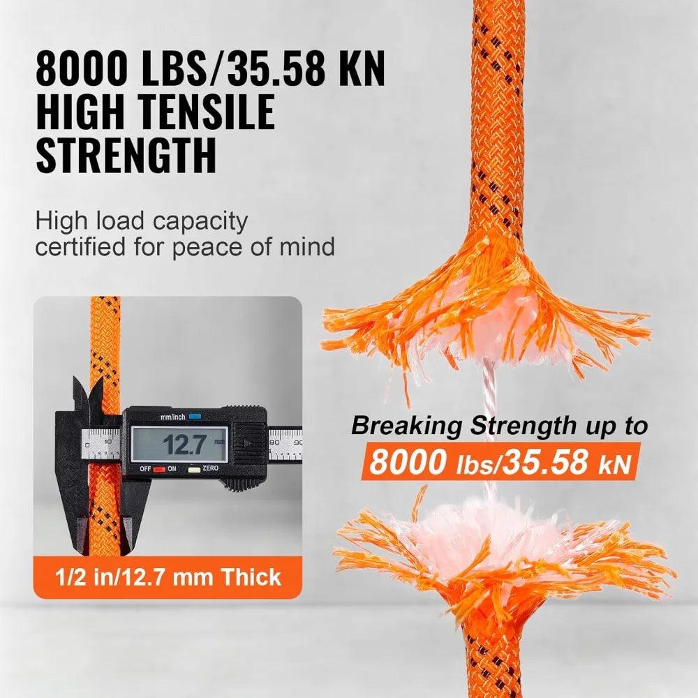 Double Braided Polyester Rope 1/2in x 220ft 8000LBS Breaking Strength Outdoor Climbing Arborist Rigging Orange/Black