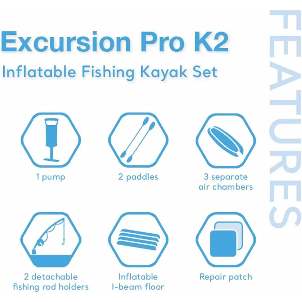Inflatable 68309EP Excursion Pro K2 Inflatable Kayak Set: Includes Deluxe 86in Kayak Paddles and High-Output Pump – - NEW