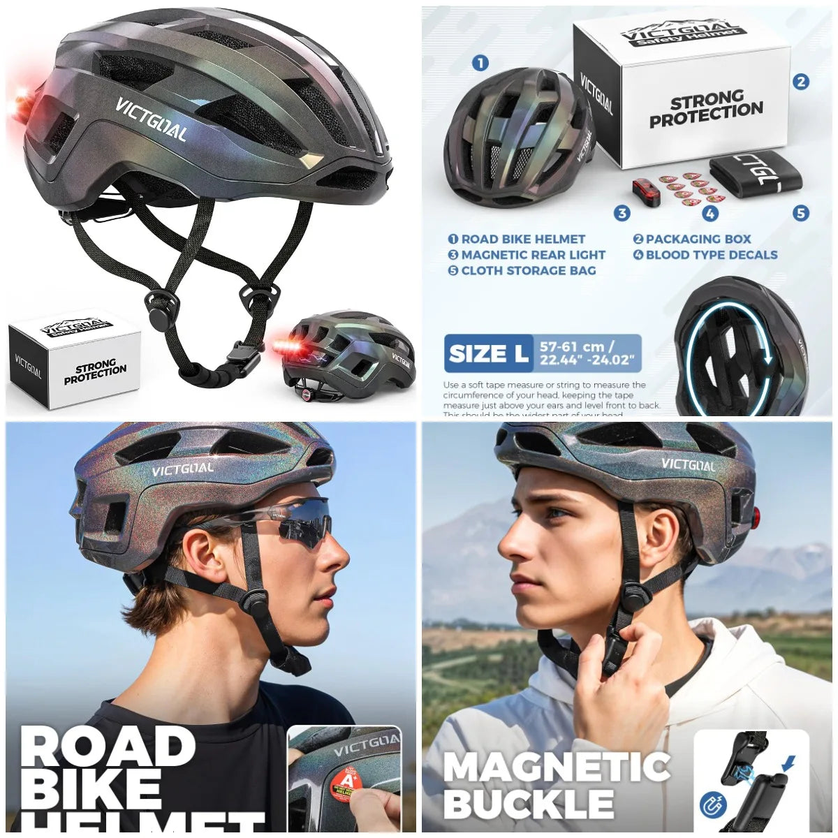 Road Bike Helmet Adult Men Women with Detachable Magnetic Rear Light, Bicycle Helmet Adjustable