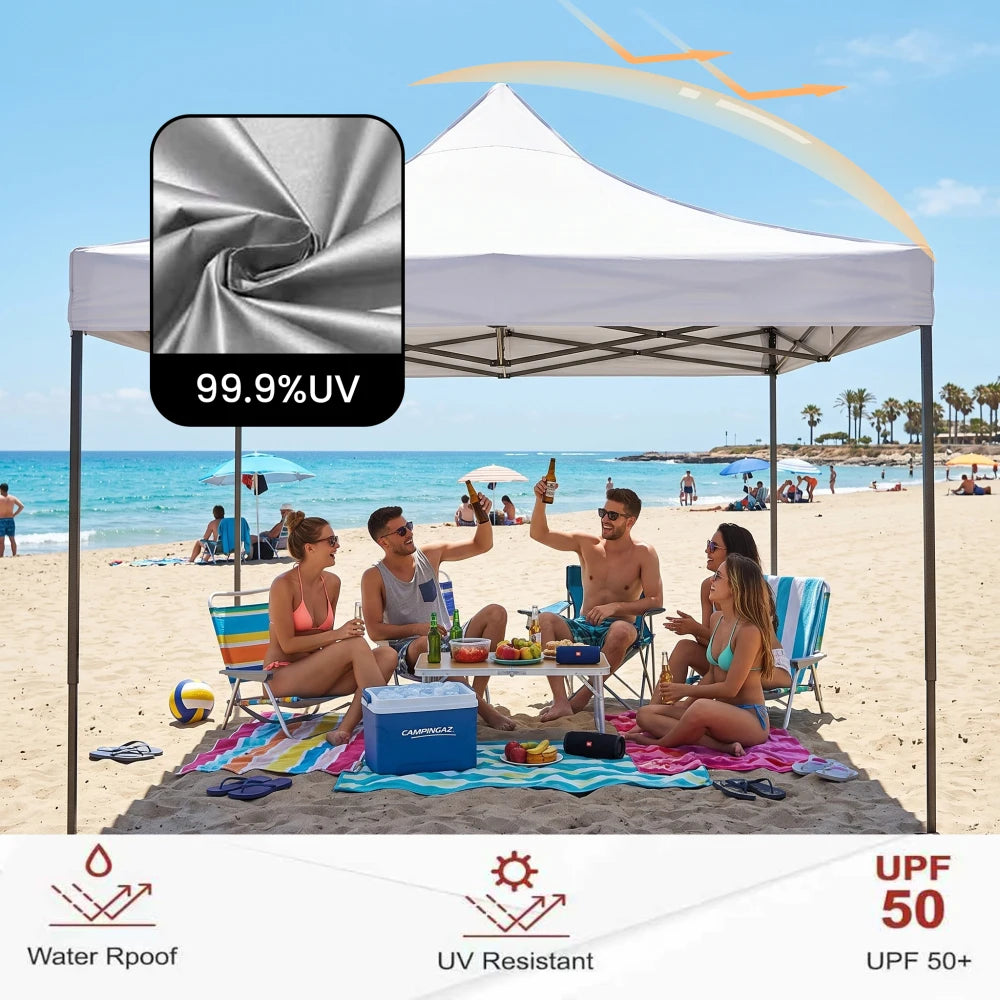 10x10 Pop Up Canopy Tent, Ivory White Steel Frame, Silver-Coated Top UPF50+ Water Resistant, 3 Adjustable Heights (5.8-6.4ft), Includes Sandbags Stakes Ropes Carry Bag for Market Camping Beach