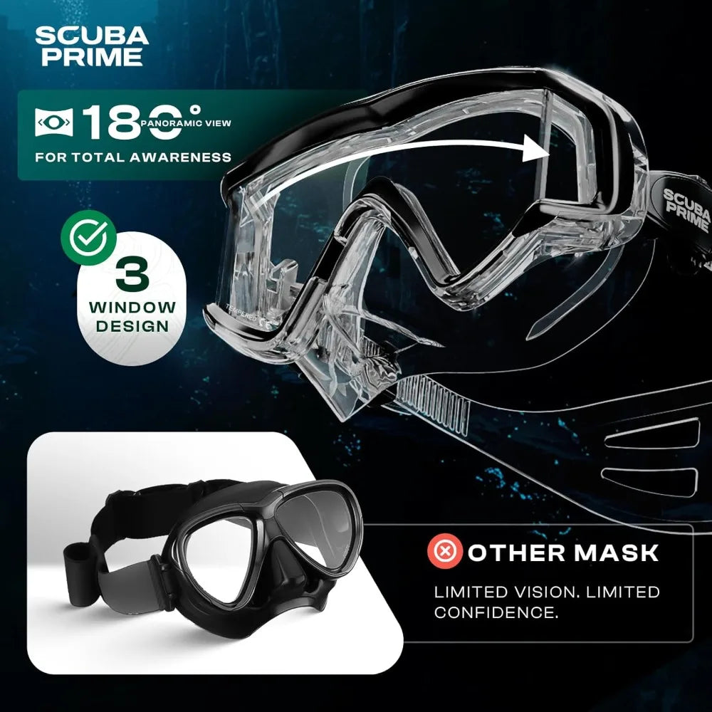 Pano 3 Scuba Diving Mask, Tempered Glass Snorkel Mask Three-Window Scuba Mask No Leak Dive Mask Silicone