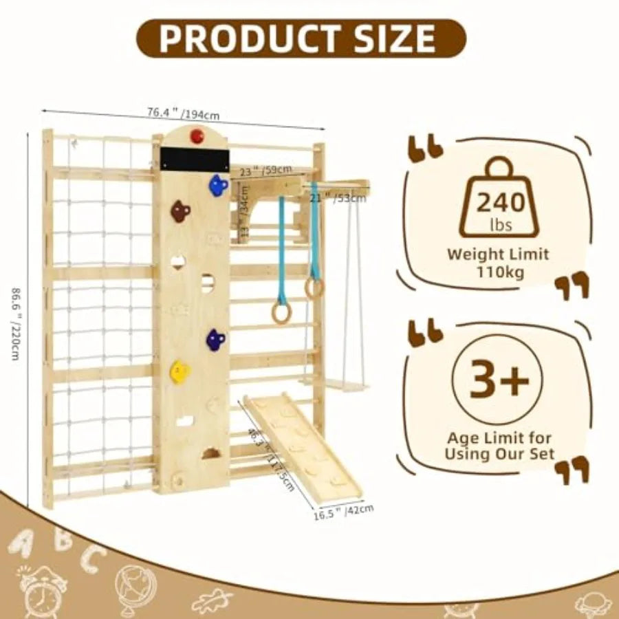 Indoor Climbing Wall, 10-in-1 Swedish Ladder, Indoor Playground for and Adults, Rock Climbing Wall, Wooden Swing Sets, Gymnasti