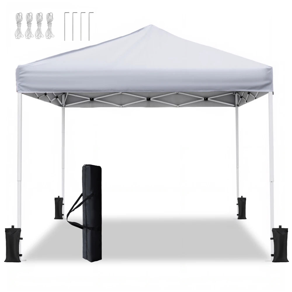 10x10 Pop Up Canopy Tent, Ivory White Steel Frame, Silver-Coated Top UPF50+ Water Resistant, 3 Adjustable Heights (5.8-6.4ft), Includes Sandbags Stakes Ropes Carry Bag for Market Camping Beach